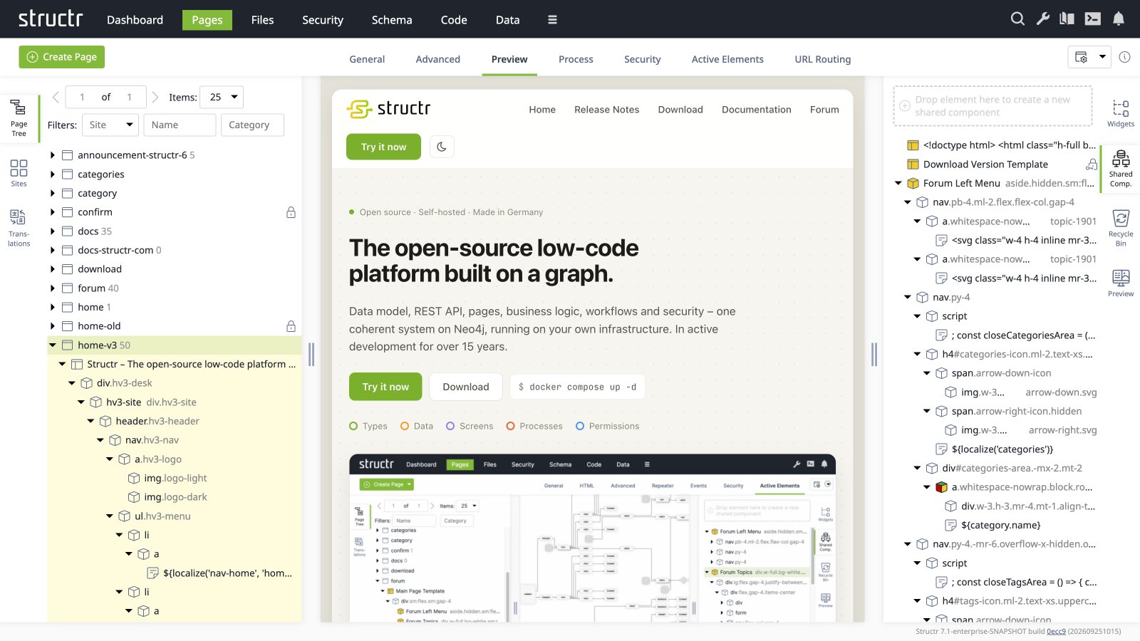 The Structr Pages editor with page tree, live preview and shared components