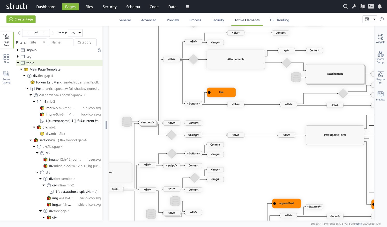 The Pages area with the page tree and the App Graph showing elements, repeaters and wired actions
