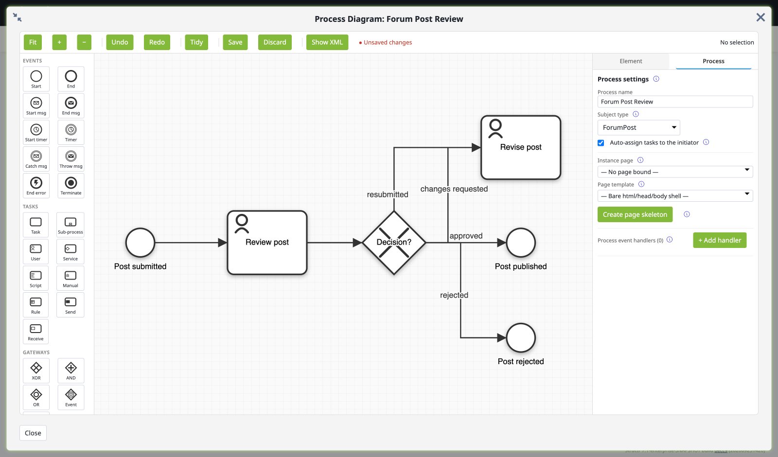 The BPMN process editor showing a forum post review with user tasks, a decision gateway and end events