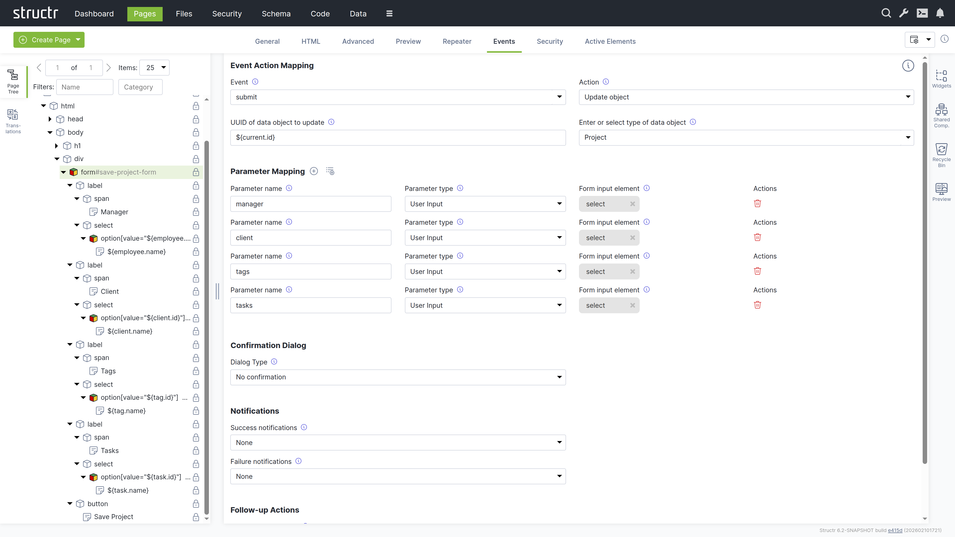 Event Action Mapping configuration for the advanced project form