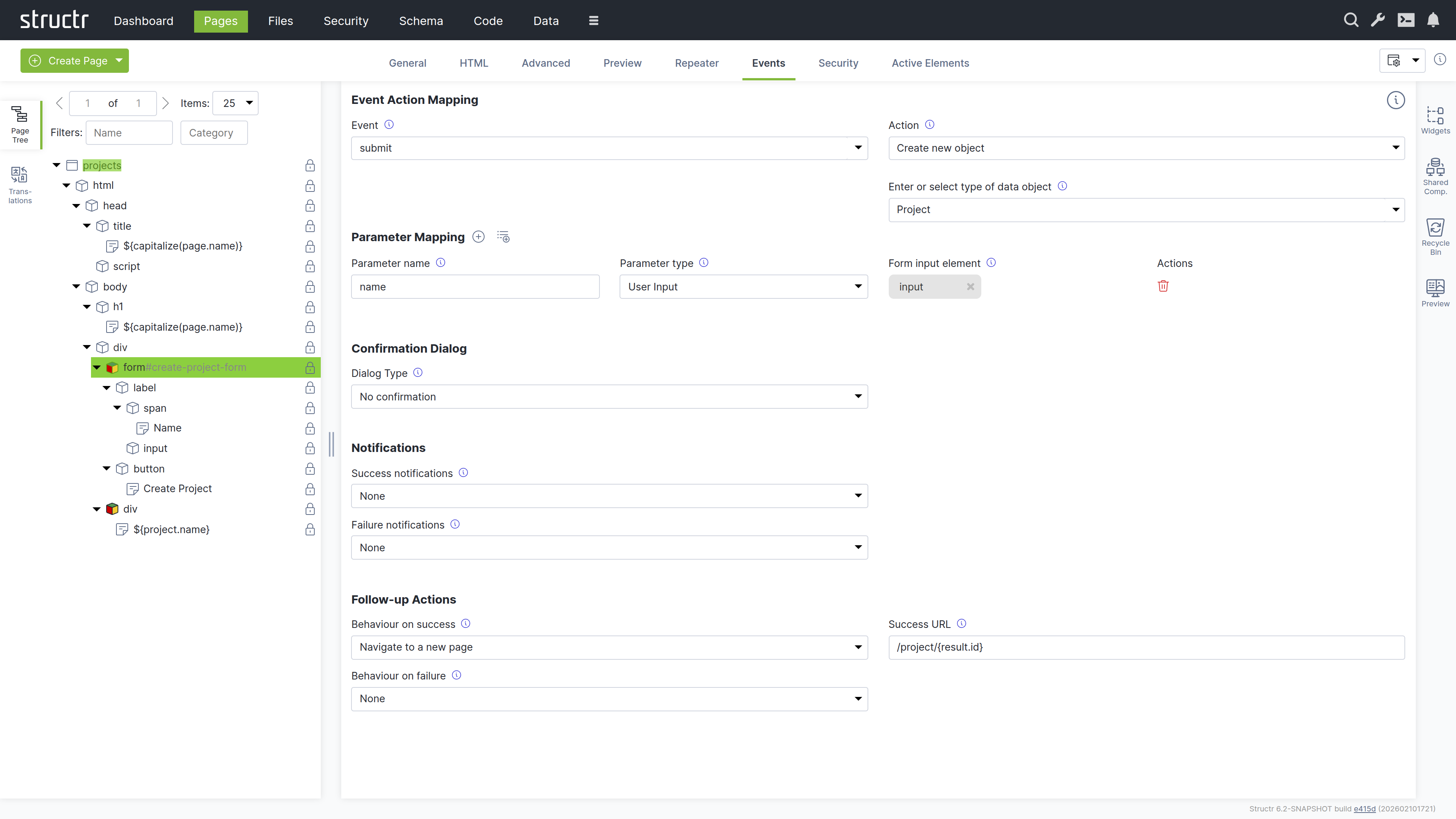 Event Action Mapping configuration for the create form